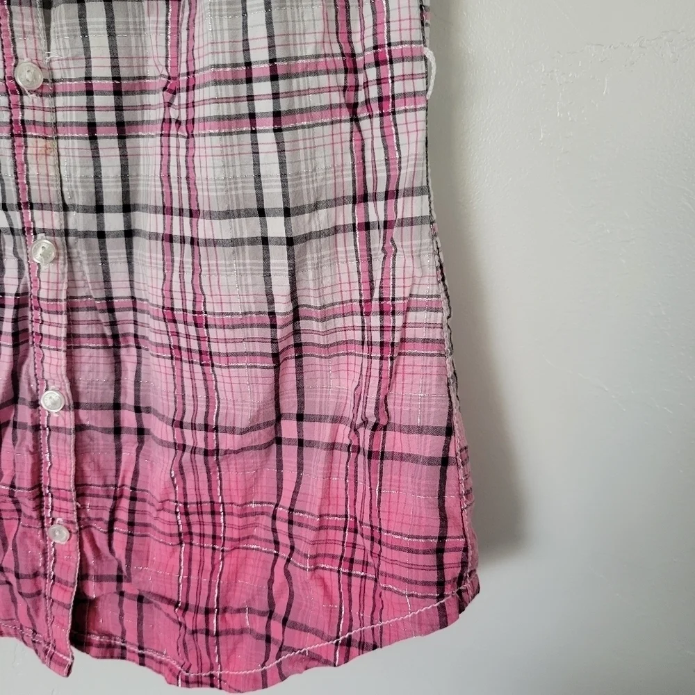 Justice Girls 10 Pink White Black Plaid Short Sleeve Shirt Button Up Top